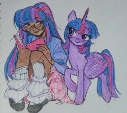 Size: 1624x1440 | Tagged: safe, artist:dulcesilly, twilight sparkle, alicorn, human, pony, g4, clothes, dark skin, duo, female, glasses, human ponidox, humanized, kneesocks, looking at each other, looking at someone, mare, self paradox, self ponidox, smiling, smiling at each other, socks, traditional art, twilight sparkle (alicorn), twolight