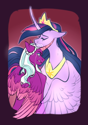 Size: 1876x2660 | Tagged: safe, artist:djkaskan, opaline arcana, twilight sparkle, alicorn, ghost, pony, undead, g4, g5, the last problem, spoiler:g5, angry, consoling, crown, crying, curved horn, eyeshadow, female, gritted teeth, headcanon, headcanon in the description, horn, hug, jewelry, makeup, mixed feelings, mother and child, mother and daughter, older, older twilight, older twilight sparkle (alicorn), opaline arcana is twilight's daughter, peytral, princess twilight 2.0, regalia, tears of anger, teeth, twilight sparkle (alicorn), winghug, wings