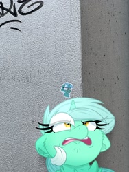 Size: 1536x2048 | Tagged: safe, artist:lbrcloud, photographer:snowy_bluee, lyra heartstrings, pony, unicorn, g4, disgusted, faic, floppy ears, irl, photo, ponies in real life, reference in the description, solo, sticker, wall