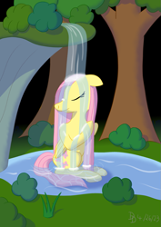 Size: 849x1200 | Tagged: safe, artist:darkdabula, fluttershy, g4, bush, forest, solo, tree, water, waterfall, waterfall shower, wood