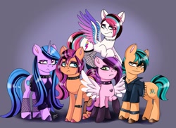 Size: 3673x2670 | Tagged: safe, artist:galaxy swirl, hitch trailblazer, izzy moonbow, pipp petals, sunny starscout, zipp storm, earth pony, pegasus, pony, unicorn, g5, colored wings, eye clipping through hair, eyebrows, eyebrows visible through hair, female, flying, frown, goth, goth hitch, goth izzy, goth pipp, goth sunny, goth zipp, gradient wings, group, high res, male, mane five, mare, multicolored wings, quintet, royal sisters (g5), siblings, sisters, spread wings, stallion, wings