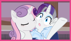 Size: 1858x1071 | Tagged: safe, artist:cold-blooded-twilight, artist:dolenore, edit, rarity, sweetie belle, pony, unicorn, g4, blushing, cheek kiss, eyes closed, eyeshadow, female, incest, kissing, lesbian, makeup, mare, older, older rarity, older sweetie belle, open mouth, photo, raricest, ship:raribelle, shipping, siblings, sisters