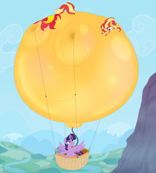 Size: 2160x2400 | Tagged: safe, artist:necrofeline, sunset shimmer, twilight sparkle, alicorn, balloon pony, pony, unicorn, g4, air inflation, air tank, belly, belly button, big belly, bingo wings, blushing, female, floating, helium inflation, helium tank, high res, hose, hot air balloon, huge belly, impossibly large belly, inflation, mare, outie belly button, smiling, spherical inflation, sunballoon shimmer, sweat, thighs, thunder thighs, twilight sparkle (alicorn)