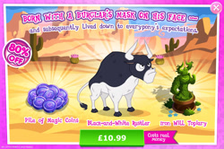 Size: 1957x1296 | Tagged: safe, gameloft, buffalo bull, bull, g4, my little pony: magic princess, advertisement, bush, cloven hooves, costs real money, english, horns, introduction card, magic coins, male, mobile game, numbers, sale, solo, text