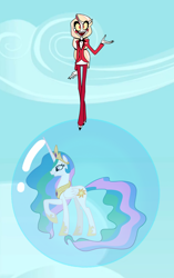 Size: 720x1146 | Tagged: safe, artist:misterlolrus, edit, princess celestia, alicorn, demon, pony, g4, bubble, charlie morningstar, crossover, crown, female, floating, hazbin hotel, hellaverse, hellborn, hoof shoes, in bubble, jewelry, mare, princess, princess of hell, profile, raised hoof, regalia, simple background, sky, smiling, soap bubble, solo, transparent background, trapped, vector