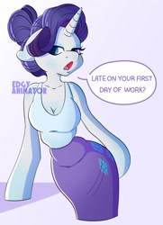 Size: 2100x2900 | Tagged: safe, artist:edgyanimator, derpibooru exclusive, rarity, unicorn, anthro, g4, alternate design, alternate hairstyle, alternate universe, annoyed, arm hooves, beautisexy, blue eyes, blue eyeshadow, blushing, breasts, busty rarity, cel shading, cleavage, clothes, colored, curly hair, curvy, cutie mark on clothes, dialogue, dialogue box, digital art, disappointed, elegant, eyelashes, eyeliner, eyeshadow, female, firealpaca, floppy ears, hair bun, half body, high res, highlights, horn, looking at you, makeup, mare, open mouth, pencil skirt, pink background, purple hair, purple mane, sexy, shading, shiny hair, shiny mane, signature, simple background, simple shading, skinny, skirt, slender, solo, standing, stupid sexy rarity, tank top, text, thin, tube skirt, white coat, white fur