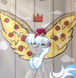 Size: 1983x2048 | Tagged: safe, artist:lbrcloud, oc, oc only, oc:windshear, kirin, pony, crown, eyes closed, food, graffiti, irl, kirin oc, photo, pizza, ponies in real life, reference in the description, regalia, smiling, solo, wings