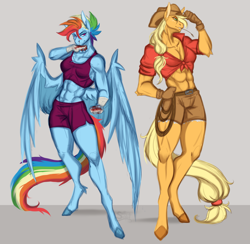 Size: 1722x1683 | Tagged: safe, artist:saltyserpent, applejack, rainbow dash, earth pony, pegasus, anthro, unguligrade anthro, g4, abs, applejacked, bleeding, blood, clothes, cowboy hat, duo, duo female, female, front knot midriff, gloves, hand wraps, hat, midriff, multicolored hair, muscles, rainbuff dash, short hair, shorts, simple background, smiling, sports bra, standing, stetson