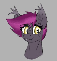 Size: 567x611 | Tagged: safe, artist:reddthebat, oc, oc only, oc:selena (reddthebat), bat pony, pony, bat pony oc, bust, coat markings, facial markings, fangs, female, gray background, mare, simple background, smiling, solo, star (coat marking)