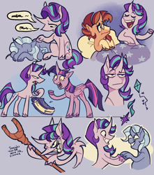 Size: 2300x2600 | Tagged: safe, artist:disaterror, starlight glimmer, sunburst, trixie, twilight sparkle, alicorn, pony, unicorn, g4, bed, book, curved horn, eyes closed, female, grin, high res, horn, implied lesbian, implied shipping, implied starburst, implied startrix, implied straight, kite, male, mare, s5 starlight, smiling, staff, staff of sameness, stallion, this will end in equalization, twilight sparkle (alicorn)
