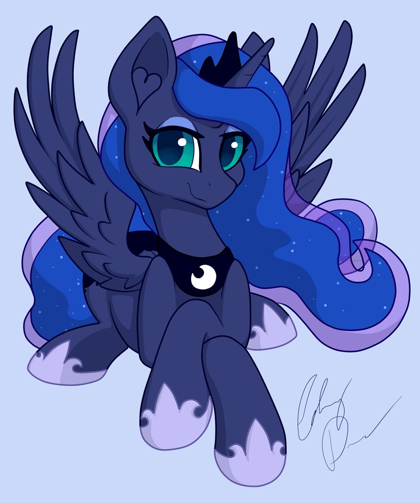 [alicorn,cute,looking at you,pony,princess luna,prone,safe,simple background,solo,wings,lying down,lunabetes,lidded eyes,blue background,hoof shoes,smiling,spread wings,artist:gleamydreams]