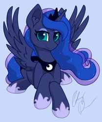 Size: 2999x3594 | Tagged: safe, artist:gleamydreams, princess luna, alicorn, pony, g4, blue background, cute, high res, hoof shoes, lidded eyes, looking at you, lunabetes, lying down, prone, simple background, smiling, solo, spread wings, wings