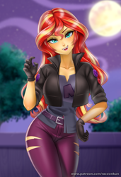 Size: 888x1300 | Tagged: safe, alternate version, artist:racoonsan, color edit, edit, editor:drakeyc, sunset shimmer, human, undead, vampire, costume conundrum, equestria girls, g4, my little pony equestria girls: better together, breasts, busty sunset shimmer, clothes, costume, equestria girls edit, female, gloves, halloween, halloween costume, holiday, looking at you, pants, ripped pants, skin color edit, smiling, solo, torn clothes, vampire shimmer