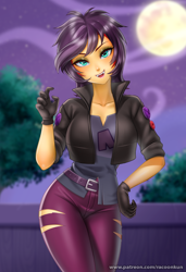 Size: 888x1300 | Tagged: safe, alternate version, artist:racoonsan, color edit, edit, editor:drakeyc, sunset shimmer, human, undead, vampire, costume conundrum, equestria girls, g4, my little pony equestria girls: better together, breasts, busty sunset shimmer, clothes, colored, costume, equestria girls edit, fangs, female, gloves, halloween, halloween costume, holiday, looking at you, pants, ripped pants, skin color edit, smiling, solo, torn clothes, vampire shimmer, wig
