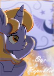 Size: 2111x2987 | Tagged: safe, artist:php178, derpibooru exclusive, part of a set, oc, oc:lunae novae (new luna), pony, unicorn, derpibooru, .svg available, april fools, april fools 2023, bust, cloud, cloudy, colored pupils, depth of field, derpibooru ponified, female, flag, flourish, harmony, high res, highlights, hoof heart, horn, implied princess luna, inkscape, juxtaposition, juxtaposition win, logo, looking forward, mare, meme, message, meta, mirror, moonlight, movie accurate, multicolored mane, new lunar republic, ponified, positive ponies, representative, salute, shading, shadow, shine, shiny, side view, sky, smiling, solo, stars, sun, sunlight, svg, text, underhoof, unicorn oc, united, unity, upside-down hoof heart, vector