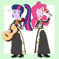 Size: 3272x3273 | Tagged: safe, artist:bageloftime, pinkie pie, sci-twi, twilight sparkle, human, equestria girls, g4, clothes, dress, duo, female, guitar, high res, hypno eyes, hypnosis, hypnotized, long dress, long skirt, maracas, mariachi, musical instrument, nervous sweat, oops, skirt, sweat, sweatdrops, swirly eyes