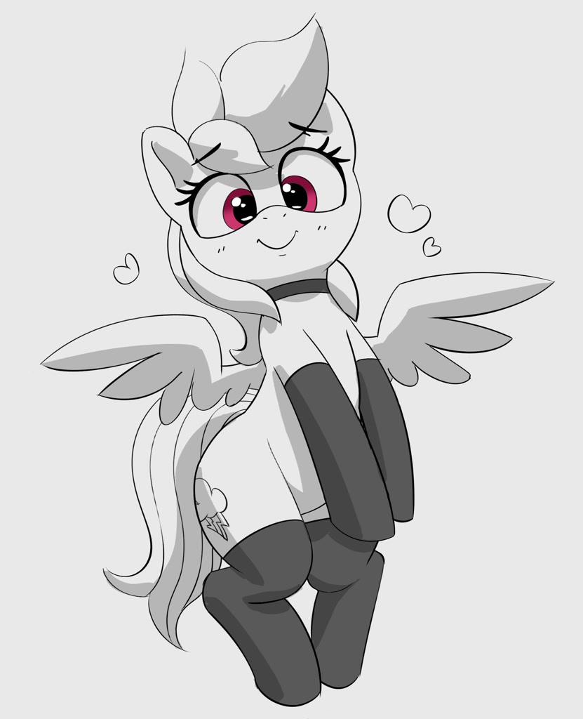 [black and white,blushing,choker,clothes,cute,eyebrows,female,grayscale,heart,looking at you,mare,monochrome,pegasus,pony,rainbow dash,safe,simple background,solo,stockings,thigh highs,white background,wings,dashabetes,partial color,smiling,spread wings,floating heart,smiling at you,artist:pabbley,eyebrows visible through hair]