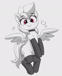 Size: 1821x2245 | Tagged: safe, artist:pabbley, rainbow dash, pegasus, pony, g4, black and white, blushing, choker, clothes, cute, dashabetes, eyebrows, eyebrows visible through hair, female, floating heart, grayscale, heart, looking at you, mare, monochrome, partial color, simple background, smiling, smiling at you, solo, spread wings, stockings, thigh highs, white background, wings