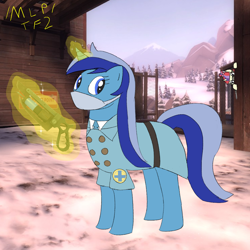Size: 1000x1000 | Tagged: safe, minuette, moondancer, pony, unicorn, g4, /mlp/ tf2 general, barnblitz, face mask, female, glowing, glowing horn, horn, magic, magic aura, mare, mask, medic, medic (tf2), solo, team fortress 2, telekinesis, text, ubersaw, weapon
