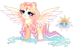 Size: 3089x1965 | Tagged: safe, artist:gihhbloonde, oc, pegasus, pony, anklet, base used, blue eyes, braid, circlet, colored wings, colored wingtips, crown, female, gradient hair, gradient mane, gradient tail, jewelry, long hair, long tail, looking up, magical lesbian spawn, mare, multicolored wings, offspring, parent:fluttershy, parent:princess celestia, parents:flutterlestia, peytral, regalia, simple background, solo, sparkly mane, sparkly tail, standing, tail, transparent background, wings
