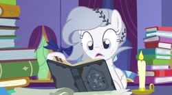 Size: 1280x710 | Tagged: safe, artist:vi45, oc, oc only, pegasus, pony, g4, base used, book, candle, female, freckles, gray eyes, grey hair, mare, open mouth, quadrupedal, solo, starswirl's book, white coat, white fur