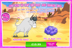 Size: 1956x1296 | Tagged: safe, gameloft, idw, angus mcsteer, bull, g4, my little pony: magic princess, advertisement, bowler hat, cloven hooves, costs real money, english, hat, horns, idw showified, introduction card, magic coins, male, mobile game, numbers, sale, solo, text