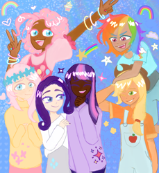 Size: 2034x2224 | Tagged: safe, artist:kirisakicatsune, applejack, fluttershy, pinkie pie, rainbow dash, rarity, twilight sparkle, human, g4, alternate hairstyle, applejack's hat, bracelet, clothes, cowboy hat, dark skin, denim, eyes closed, female, floral head wreath, flower, freckles, grin, hat, high res, humanized, jeans, jewelry, mane six, nail polish, one eye closed, open mouth, overalls, pants, shirt, skirt, smiling, sweater, sweatershy, t-shirt, wink
