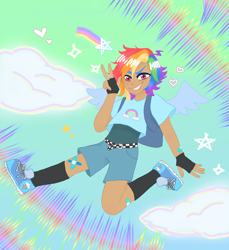 Size: 2034x2224 | Tagged: safe, artist:kirisakicatsune, rainbow dash, human, g4, bandaid, belt, clothes, female, fingerless gloves, gloves, grin, high res, humanized, shirt, shoes, shorts, smiling, sneakers, socks, solo, t-shirt, vest, winged humanization, wings
