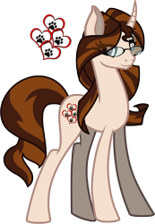 Size: 2412x3481 | Tagged: safe, artist:softpawsart, oc, oc only, pony, unicorn, eye clipping through hair, female, glasses, high res, horn, mare, paw prints, simple background, smiling, solo, transparent background, unicorn oc