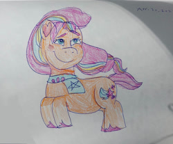 Size: 983x813 | Tagged: safe, artist:starrscout-23, sunny starscout, earth pony, pony, g5, bag, heart ears, mane stripe sunny, round belly, smiling, solo, traditional art