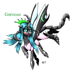 Size: 1853x1922 | Tagged: safe, artist:questionmarkdragon, oc, oc only, changeling, changeling queen, changepony, hybrid, bio in description, blushing, changeling queen oc, eyelashes, horns, interspecies offspring, magical lesbian spawn, makeup, offspring, parent:fluttershy, parent:queen chrysalis, parents:chrysashy, signature, simple background, solo, white background