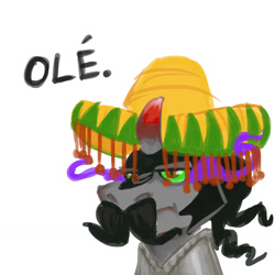 Size: 1280x1280 | Tagged: dead source, safe, artist:snickerdoobles, king sombra, pony, unicorn, g4, armor, curved horn, dialogue, facial hair, horn, king sombrero, male, mexican, moustache, pun, simple background, solo, sombra eyes, sombrero, spanish, spanish text, text, white background