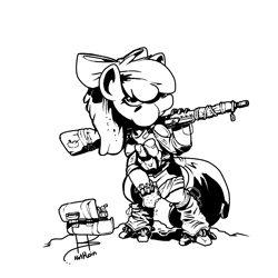 Size: 1280x1280 | Tagged: source needed, safe, artist:hotkoin, apple bloom, cyborg, earth pony, pony, fanfic:night mares, g4, augmented, bandage, black and white, bow, box, clothes, eating, female, food, grayscale, gun, hair bow, mechanical hands, monochrome, rifle, simple background, sniper rifle, solo, standing on two hooves, weapon, white background