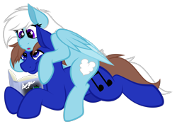 Size: 1652x1157 | Tagged: safe, artist:feather_bloom, oc, oc only, oc:blue_skies, oc:feather bloom(fb), oc:feather_bloom, earth pony, pegasus, pony, book, couple, duo, simple background, sitting on person, sitting on pony, starry eyes, transparent background, wholesome, wingding eyes