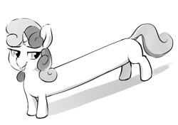 Size: 540x380 | Tagged: artist needed, source needed, safe, sweetie belle, pony, unicorn, g4, female, long pony, monochrome, simple background, solo, tongue out, white background