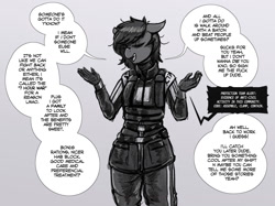 Size: 1444x1080 | Tagged: safe, artist:replica, oc, oc only, oc:replica, earth pony, anthro, armor, civil protection, dialogue, eyes closed, female, gray background, grayscale, half-life, half-life 2, monochrome, radio, rationalization, shrug, simple background, solo, speech bubble