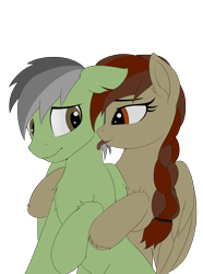 Size: 2000x2691 | Tagged: safe, artist:nihaicreeper, oc, oc only, oc:pora hooft, oc:traveller will, pegasus, pony, belly button, braid, chest fluff, couple, duo, female, from behind, high res, holding a pony, hoof fluff, licking, male, mare, oc x oc, pegasus oc, sexy, shipping, shy, simple background, stallion, tongue out, transparent background, yellow eyes