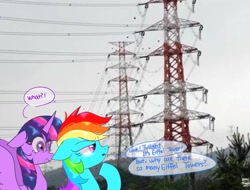 Size: 1511x1151 | Tagged: safe, artist:petaltwinkle, rainbow dash, twilight sparkle, alicorn, pegasus, pony, g4, dialogue, duo, electrical tower, female, irl, mare, photo, ponies in real life, power line, rainbow dumb, speech bubble, twilight sparkle (alicorn)