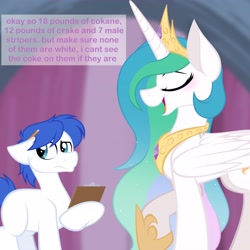 Size: 4096x4096 | Tagged: safe, artist:feather_bloom, princess celestia, oc, alicorn, earth pony, pony, g4, blushing, clipboard, clothes, crown, duo, floppy ears, implied stripping, jewelry, master chief and luna hanging out, meme, pencil, regalia, shoes, sweat