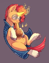 Size: 711x900 | Tagged: safe, artist:silverycryptid, sunburst, pony, unicorn, g4, 420, beard, bong, clothes, colored, digital art, drugs, facial hair, glasses, glowing, glowing horn, high, horn, magic, male, marijuana, red eyes, robe, shitposting, simple background, smoking, solo, stallion, stoned