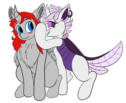 Size: 2471x2016 | Tagged: safe, artist:copycat, artist:silent-e, oc, oc only, oc:avery, oc:elytra, alicorn, changedling, changeling, pony, blushing, chest fluff, duo, ear fluff, high res, onomatopoeia, pomf, simple background, transparent background, whispering