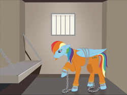 Size: 2919x2199 | Tagged: safe, artist:ssaginar, rainbow dash, pegasus, pony, g4, b-f16, bound wings, chained, chains, clothes, commissioner:rainbowdash69, high res, jail, jail cell, never doubt rainbowdash69's involvement, prison, prison outfit, prisoner, prisoner rd, shackles, solo, wings
