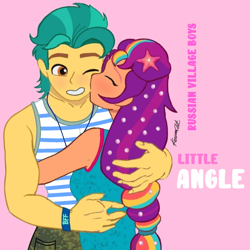 Size: 1280x1280 | Tagged: safe, artist:edy_january, artist:karina11494591, hitch trailblazer, sunny starscout, human, equestria girls, g4, g5, my little pony: a new generation, album, album cover, army pants, camouflage, clothes, duo, equestria girls-ified, female, g5 to equestria girls, g5 to g4, generation leap, hardbass, link in description, little angle (song), male, mane stripe sunny, military, military uniform, music, pink background, romantic, russia, russian army, russian village boys, ship:starblazer, shipping, simple background, soldier, song, soundtrack, straight, tank top, uniform, united states, youtube link