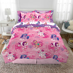 Size: 2000x2000 | Tagged: safe, izzy moonbow, pipp petals, sunny starscout, zipp storm, earth pony, pegasus, pony, unicorn, g5, bed, bedding, chair, clothes, curtains, female, group, high res, irl, lamp, map of equestria, mare, merchandise, nightstand, notebook, pattern, photo, pillow, quartet, rug, shoes, window