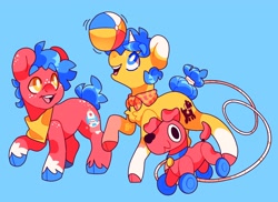 Size: 4096x2984 | Tagged: safe, artist:cocopudu, oc, oc only, oc:rocket puff, oc:tippy paws, earth pony, pony, unicorn, balancing, beach ball, blue background, brothers, cloven hooves, coat markings, colt, duo, foal, freckles, looking up, male, neckerchief, open mouth, open smile, siblings, simple background, smiling, socks (coat markings), unshorn fetlocks