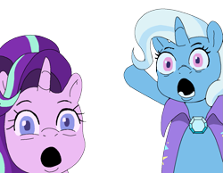 Size: 1213x939 | Tagged: safe, artist:talimingi, starlight glimmer, trixie, pony, unicorn, g4, :o, duo, female, looking at you, mare, meme, open mouth, pointing, ponified meme, simple background, soyjaks pointing, transparent background, wojak