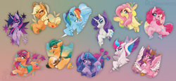 Size: 5581x2569 | Tagged: safe, artist:alzmariowolfe, applejack, fluttershy, hitch trailblazer, izzy moonbow, pinkie pie, pipp petals, rainbow dash, rarity, sunny starscout, twilight sparkle, zipp storm, alicorn, earth pony, pegasus, pony, unicorn, g4, g5, female, gradient background, male, mane five, mane six, mane stripe sunny, mare, royal sisters (g5), siblings, sisters, stallion, tongue out, twilight sparkle (alicorn), unshorn fetlocks