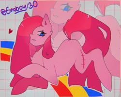 Size: 1771x1414 | Tagged: safe, artist:emoboy130, pinkie pie, earth pony, pony, g4, chest fluff, lying down, pinkamena diane pie, scar, solo, text, zoom layer