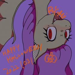 Size: 2048x2048 | Tagged: safe, artist:usapipoyoyo, fluttershy, bat pony, pony, g4, bat ponified, fangs, flutterbat, halloween, high res, holiday, open mouth, race swap, red eyes, smiling, solo, text, upside down