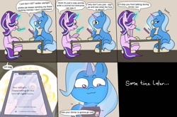 Size: 1202x792 | Tagged: safe, artist:c4n4ry0nl1n3, part of a set, starlight glimmer, trixie, pony, unicorn, g4, cellphone, comic, duo, implied pinkie pie, phone, smartphone, smiling, text, twitter